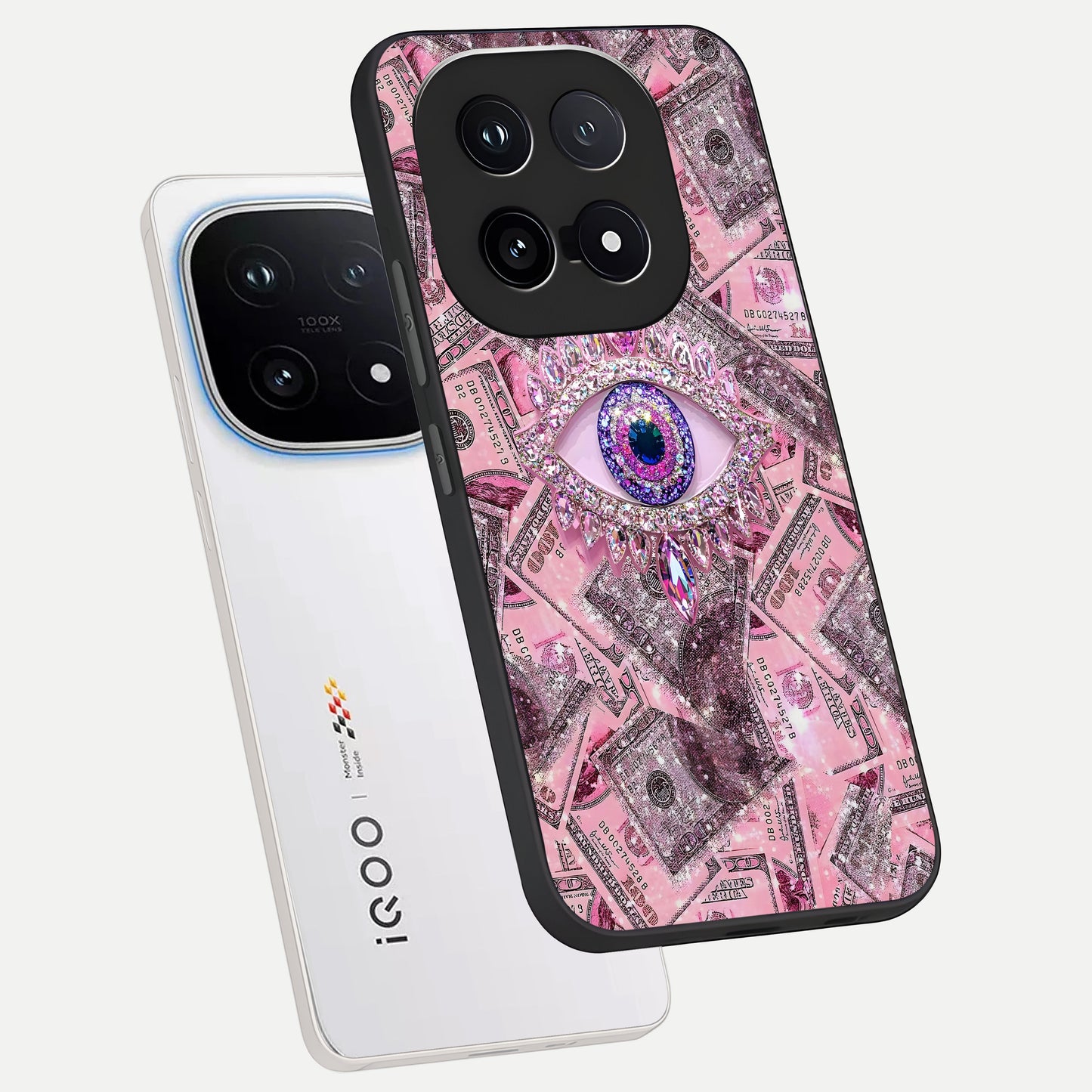  Money Eye Luxe phone case for iQOO 15 showing premium glass back cover with detailed artwork