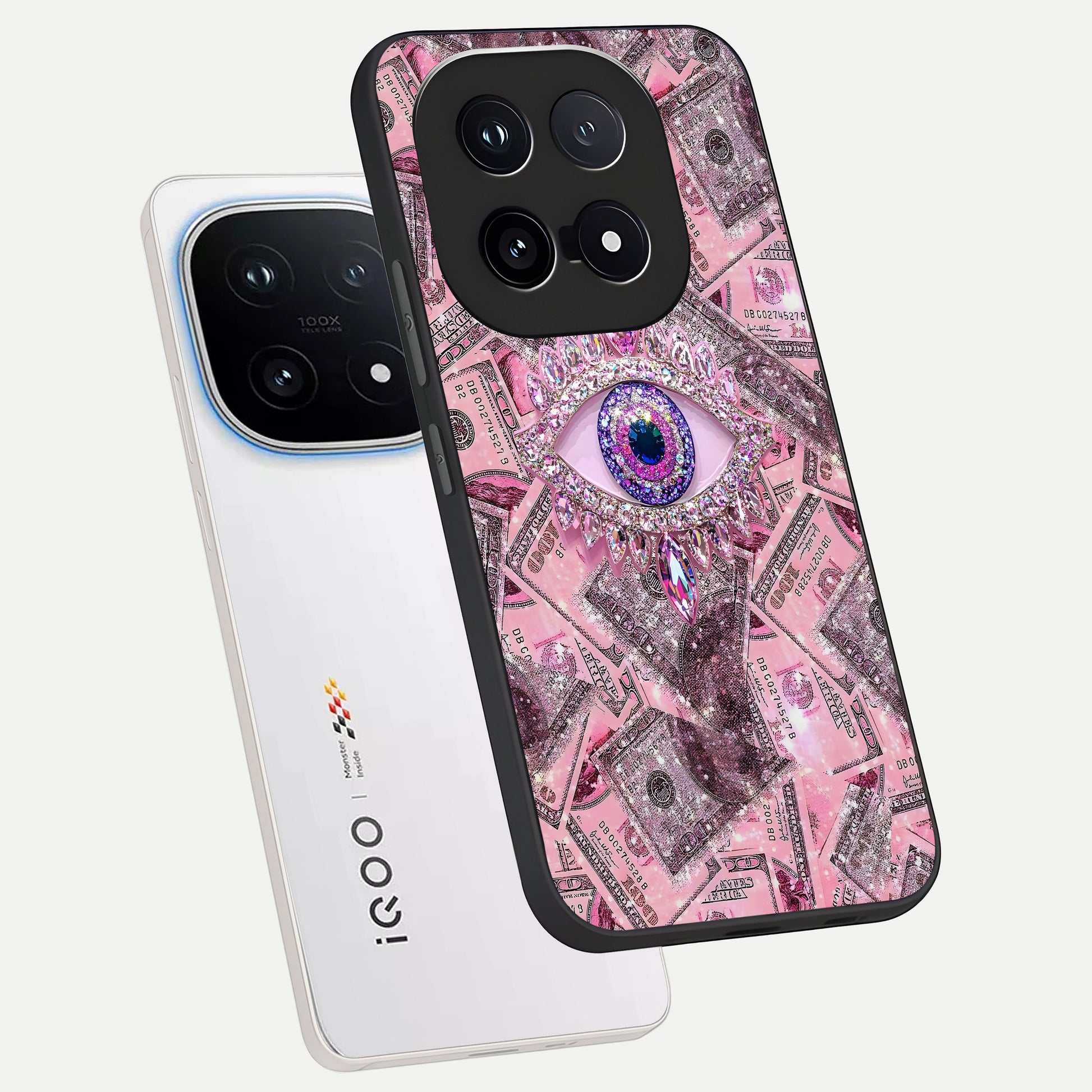  Money Eye Luxe phone case for iQOO 15 showing premium glass back cover with detailed artwork