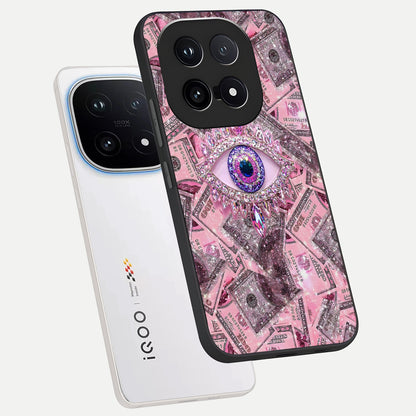  Money Eye Luxe phone case for iQOO 15 showing premium glass back cover with detailed artwork