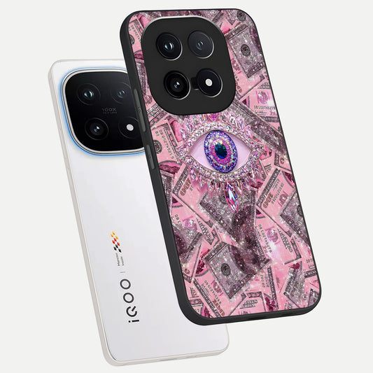  Money Eye Luxe phone case for iQOO 15 showing premium glass back cover with detailed artwork
