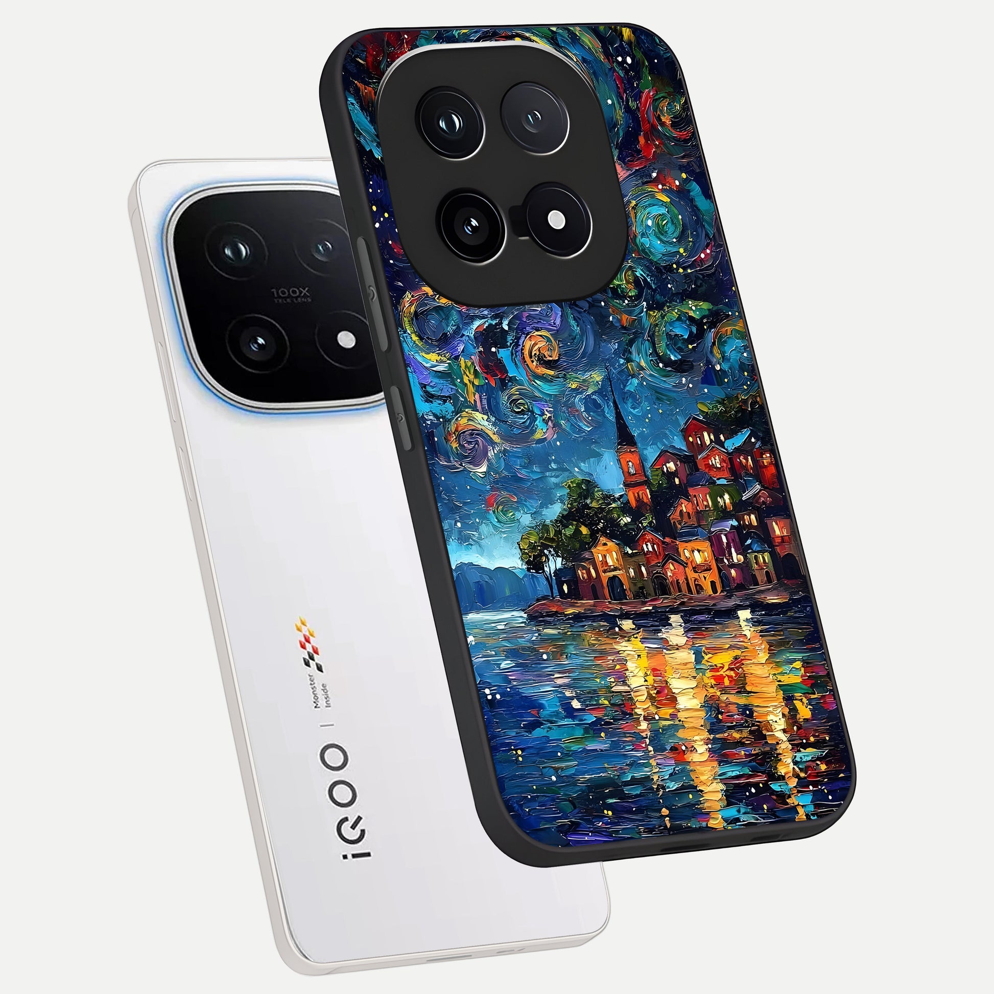  Moonlight Harbor Glow phone case for iQOO 15 showing premium glass back cover with detailed artwork
