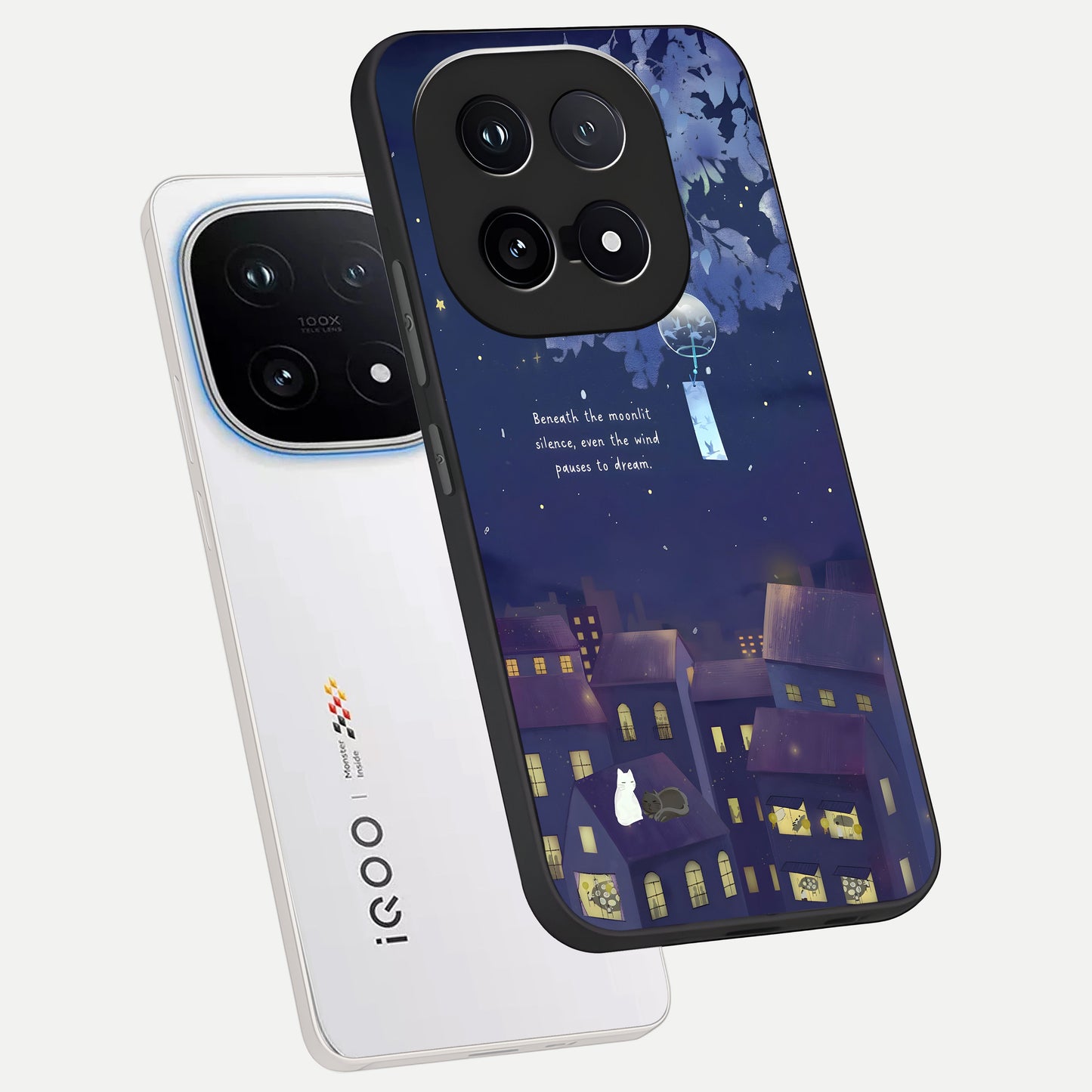  Moonlit Cat Silence phone case for iQOO 15 showing premium glass back cover with detailed artwork