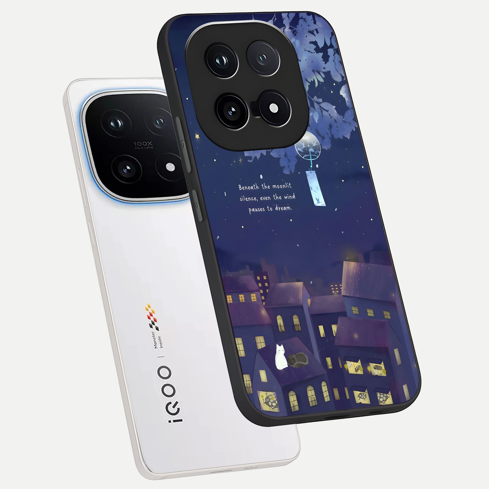  Moonlit Cat Silence phone case for iQOO 15 showing premium glass back cover with detailed artwork