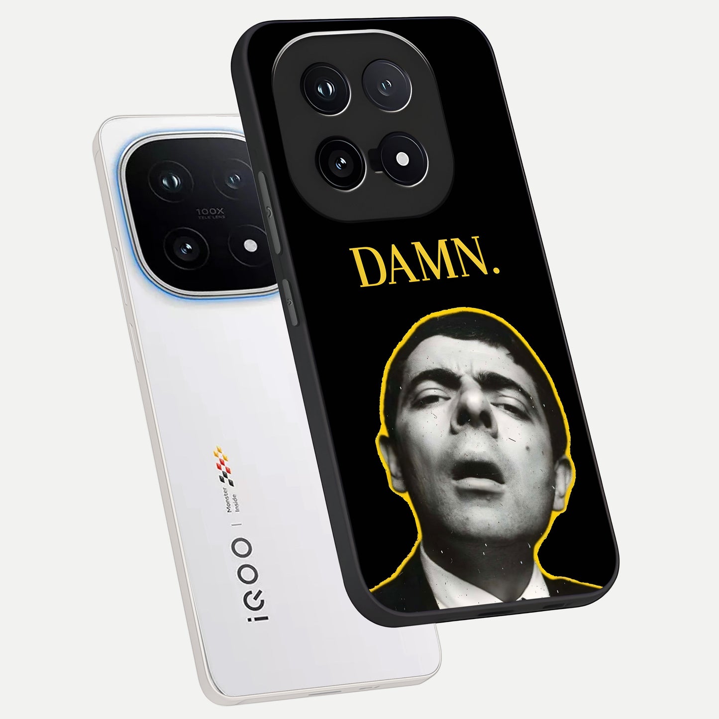  Mr Bean Damn phone case for iQOO 15 showing premium glass back cover with detailed artwork