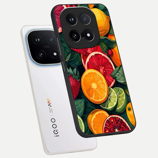  Multiple Fruits phone case for iQOO 15 showing premium glass back cover with detailed artwork