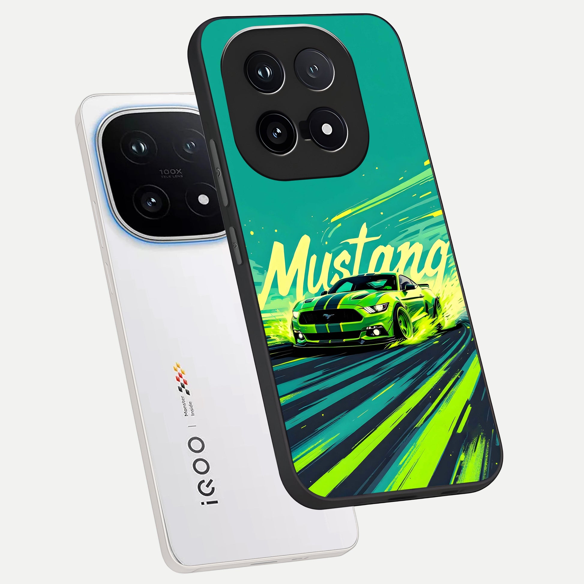  Mustang Bang phone case for iQOO 15 showing premium glass back cover with detailed artwork