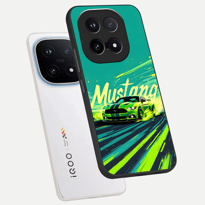  Mustang Bang phone case for iQOO 15 showing premium glass back cover with detailed artwork
