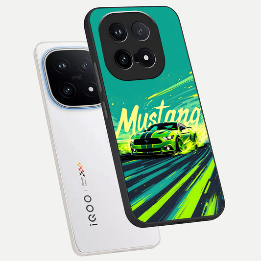  Mustang Bang phone case for iQOO 15 showing premium glass back cover with detailed artwork
