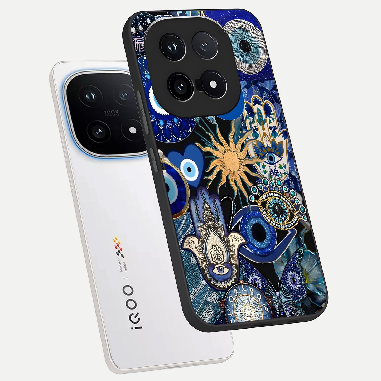  Mystic Blue Evil Eye phone case for iQOO 15 showing premium glass back cover with detailed artwork