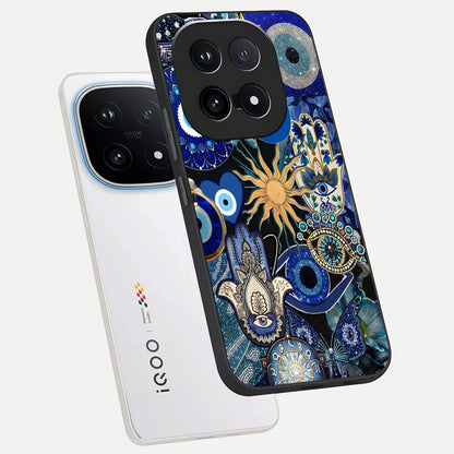  Mystic Blue Evil Eye phone case for iQOO 15 showing premium glass back cover with detailed artwork