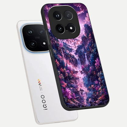  Mystic Cascade Peaks phone case for iQOO 15 showing premium glass back cover with detailed artwork