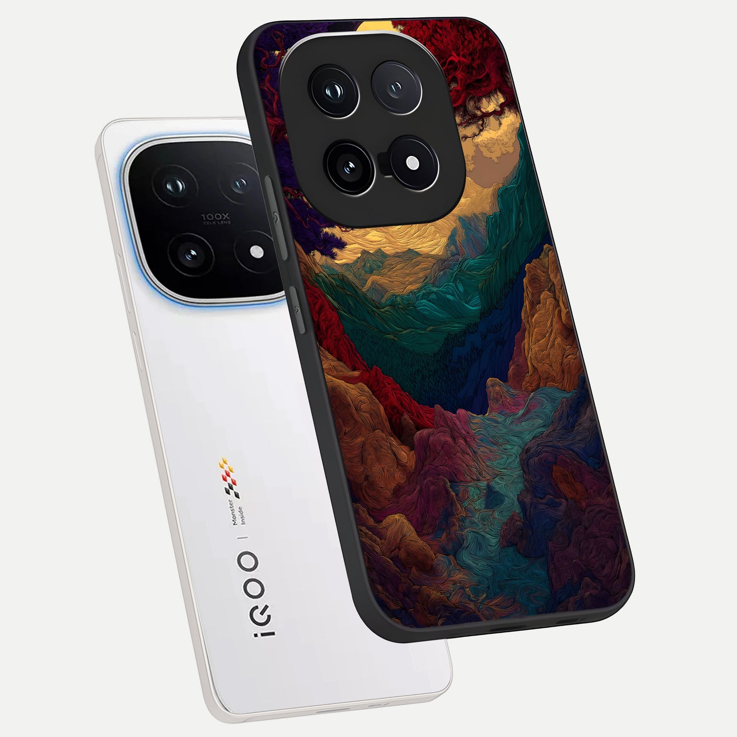  Mystic Valley Light phone case for iQOO 15 showing premium glass back cover with detailed artwork