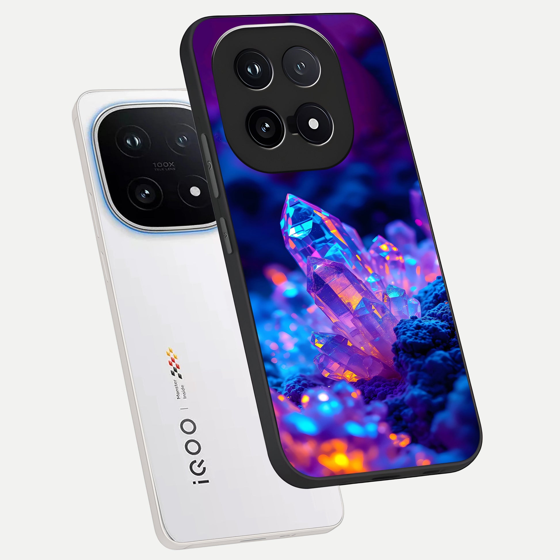  Neon Aura Shards phone case for iQOO 15 showing premium glass back cover with detailed artwork