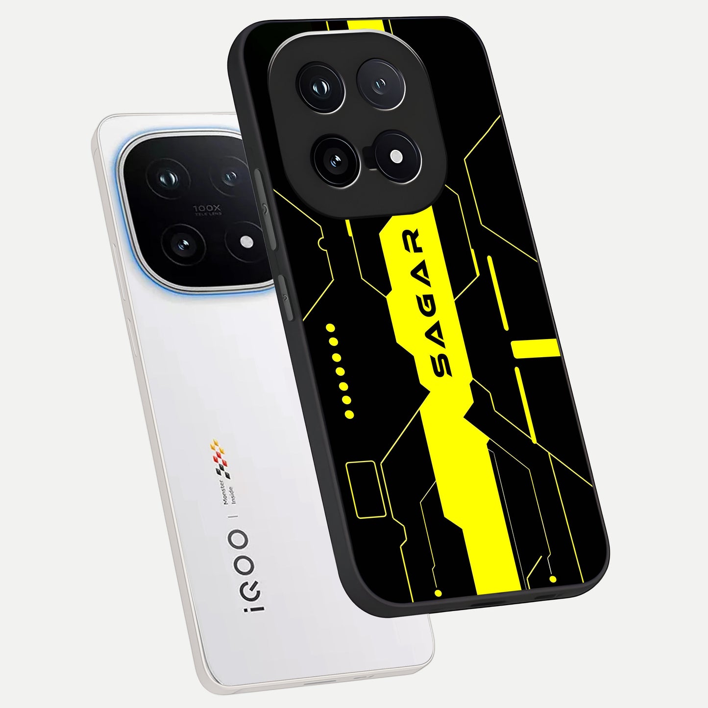  Neon CYBERPUNK Custom Name phone case for iQOO 15 showing premium glass back cover with detailed artwork