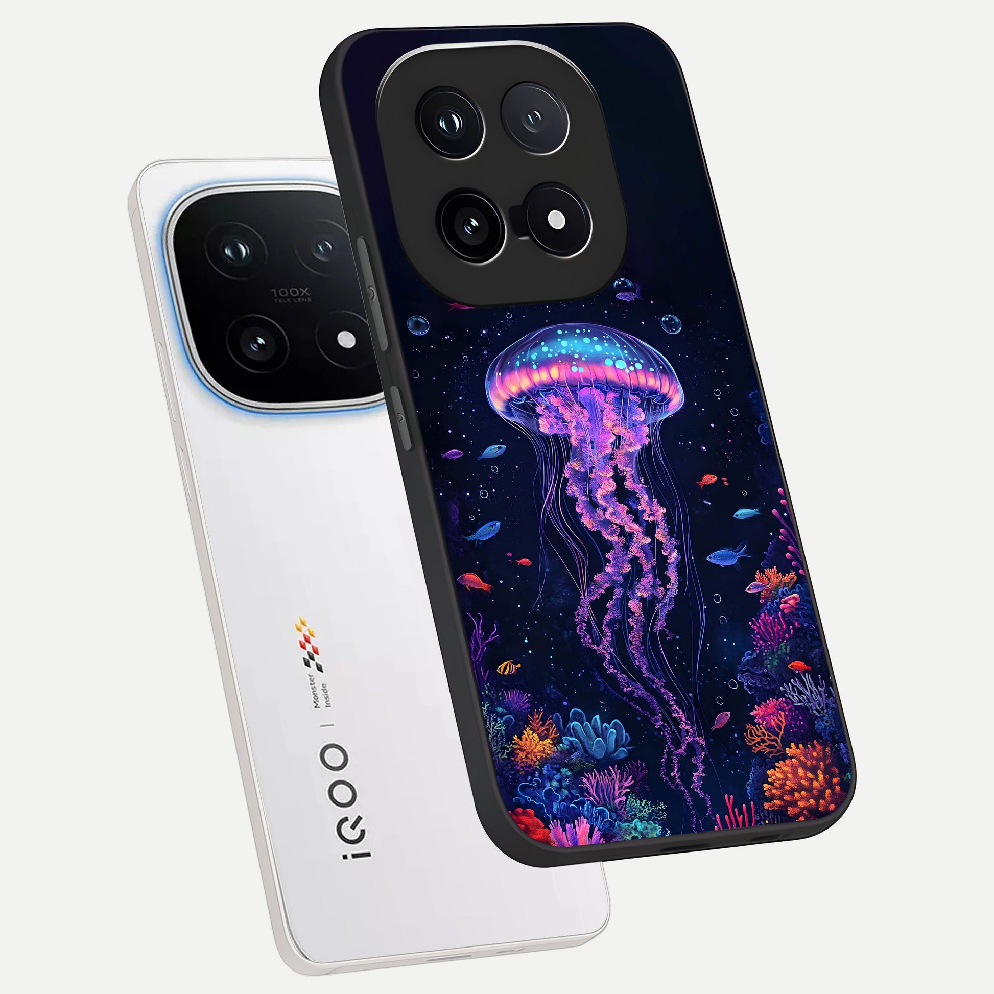  Neon Jellyfish phone case for iQOO 15 showing premium glass back cover with detailed artwork