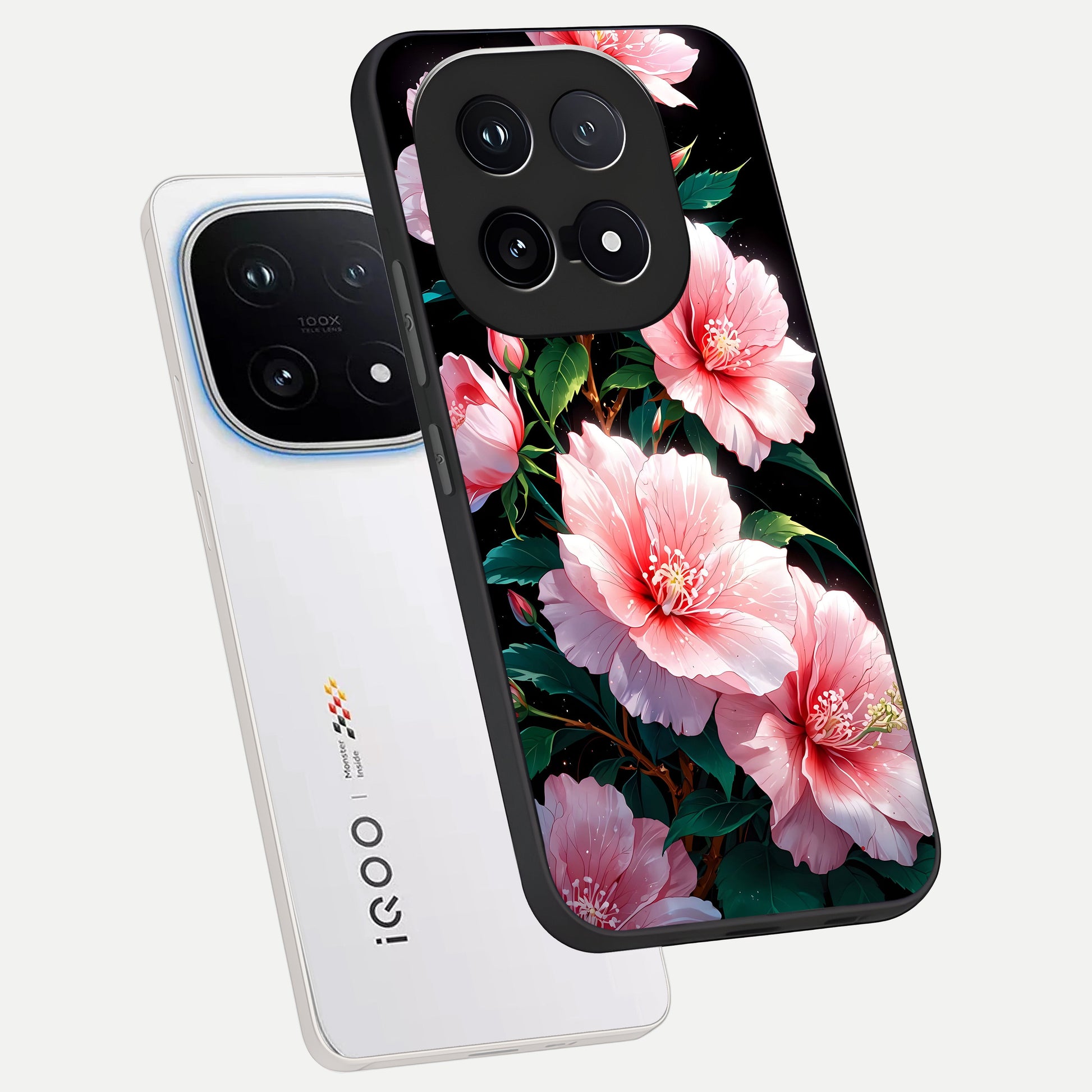  Peach Flower phone case for iQOO 15 showing premium glass back cover with detailed artwork