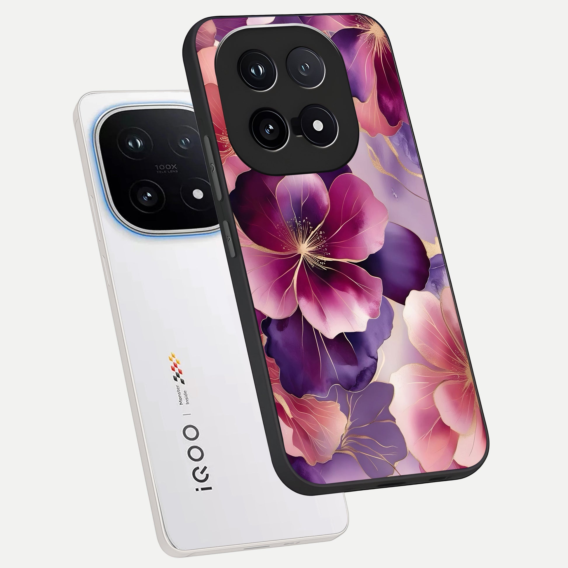  Pink Bouquet Florals phone case for iQOO 15 showing premium glass back cover with detailed artwork