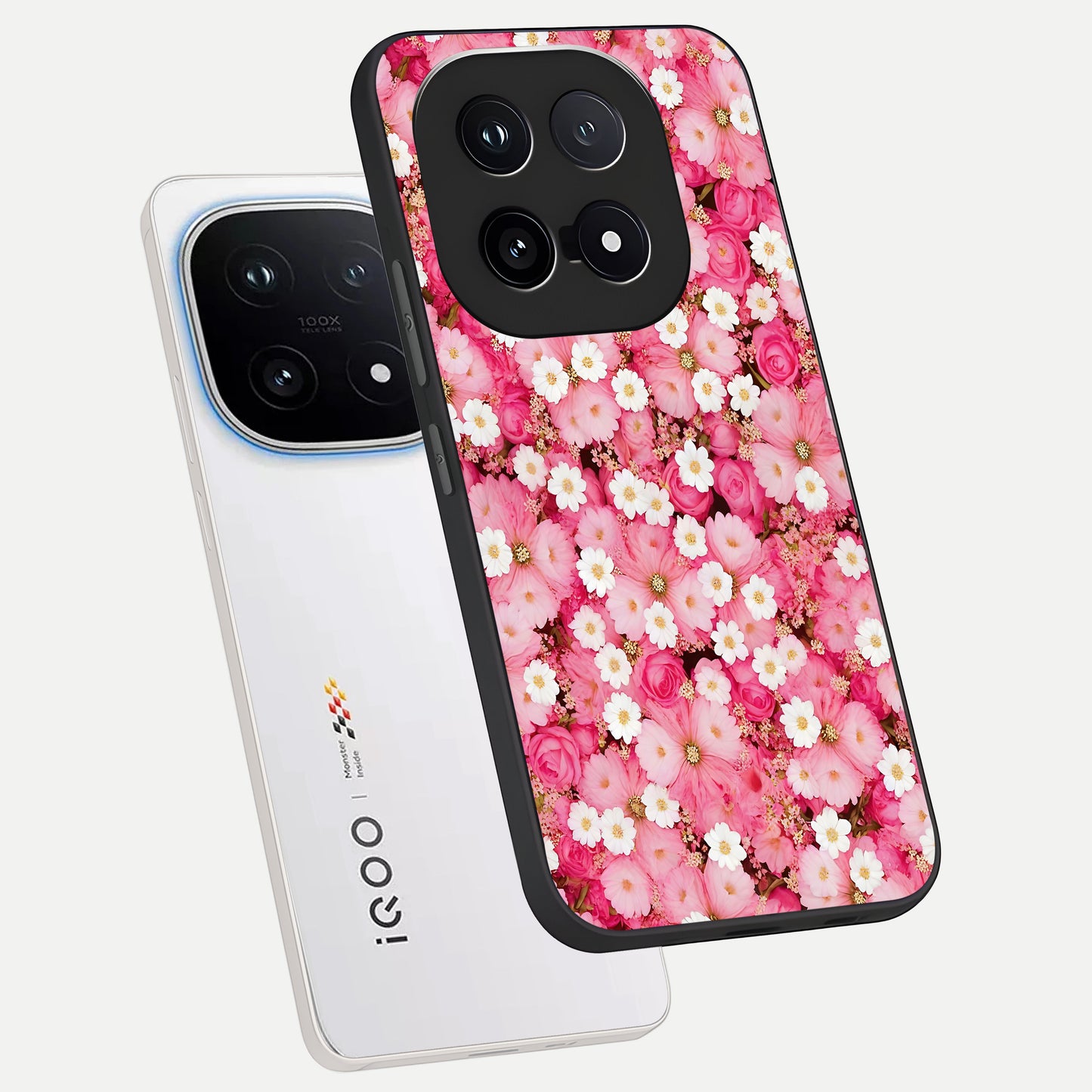  Pink Daisy Bliss phone case for iQOO 15 showing premium glass back cover with detailed artwork