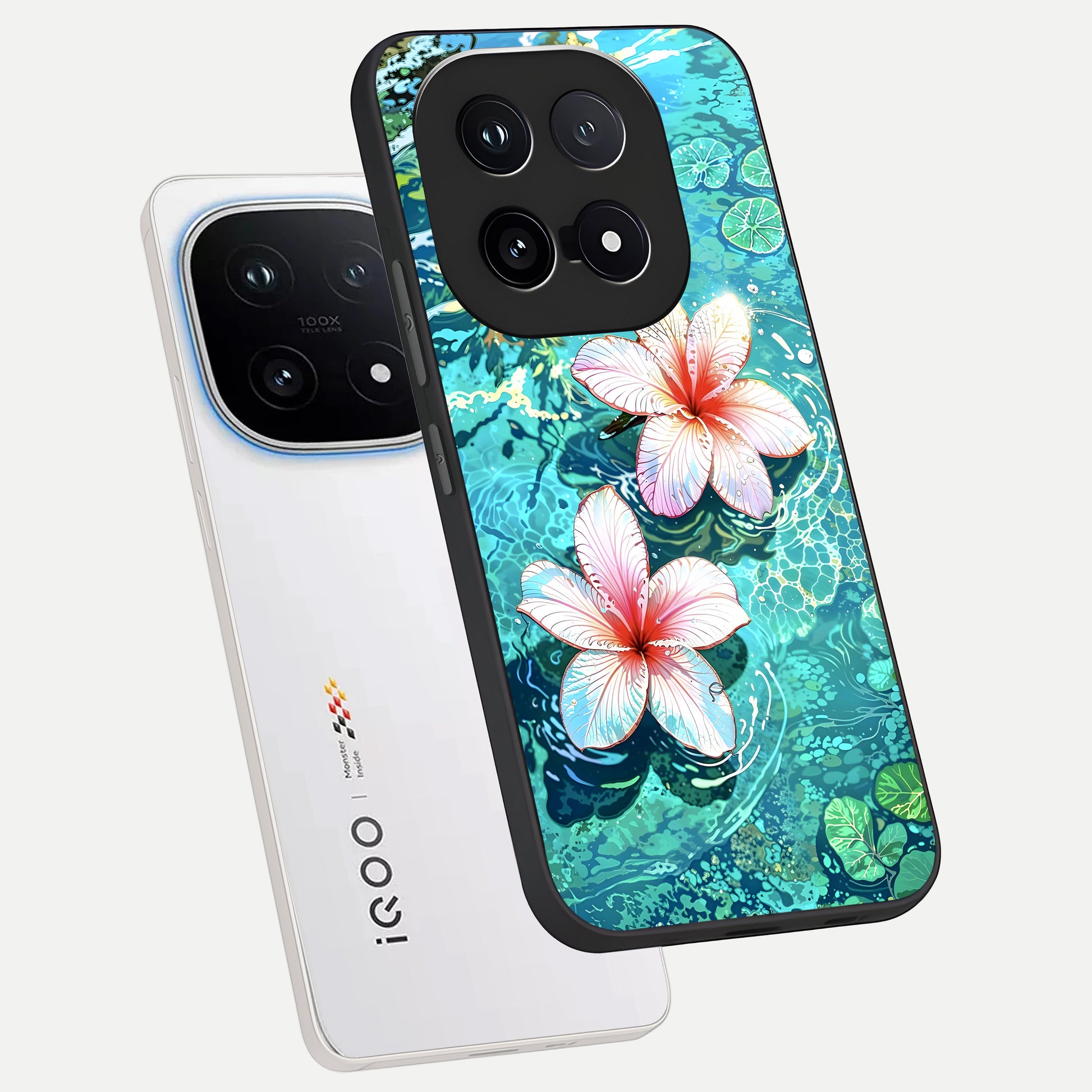  Pink Flowers in Water phone case for iQOO 15 showing premium glass back cover with detailed artwork