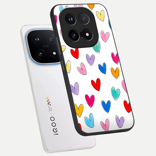  Playful Love Doodles phone case for iQOO 15 showing premium glass back cover with detailed artwork