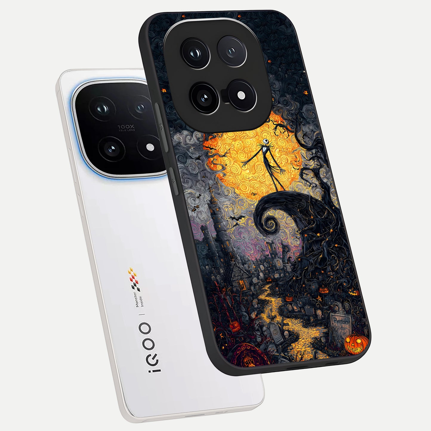  Pumpkin Moon Night phone case for iQOO 15 showing premium glass back cover with detailed artwork