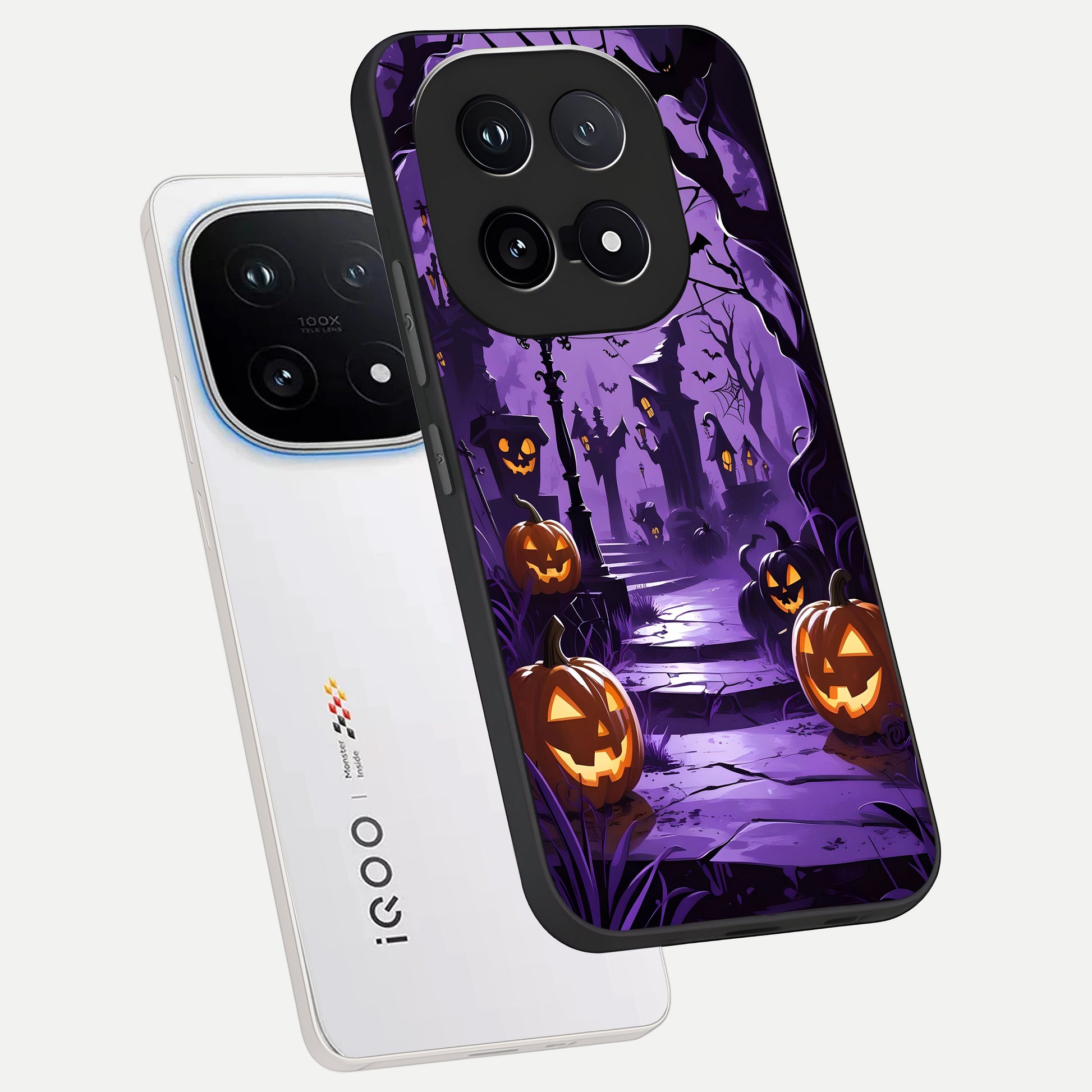  Pumpkin Patch Halloween phone case for iQOO 15 showing premium glass back cover with detailed artwork