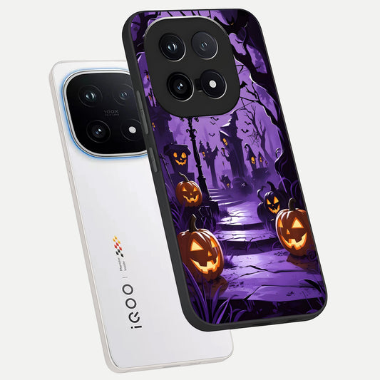  Pumpkin Patch Halloween phone case for iQOO 15 showing premium glass back cover with detailed artwork