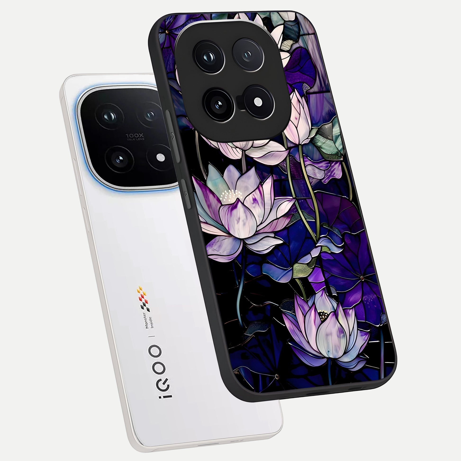  Purple Lotus Pattern phone case for iQOO 15 showing premium glass back cover with detailed artwork