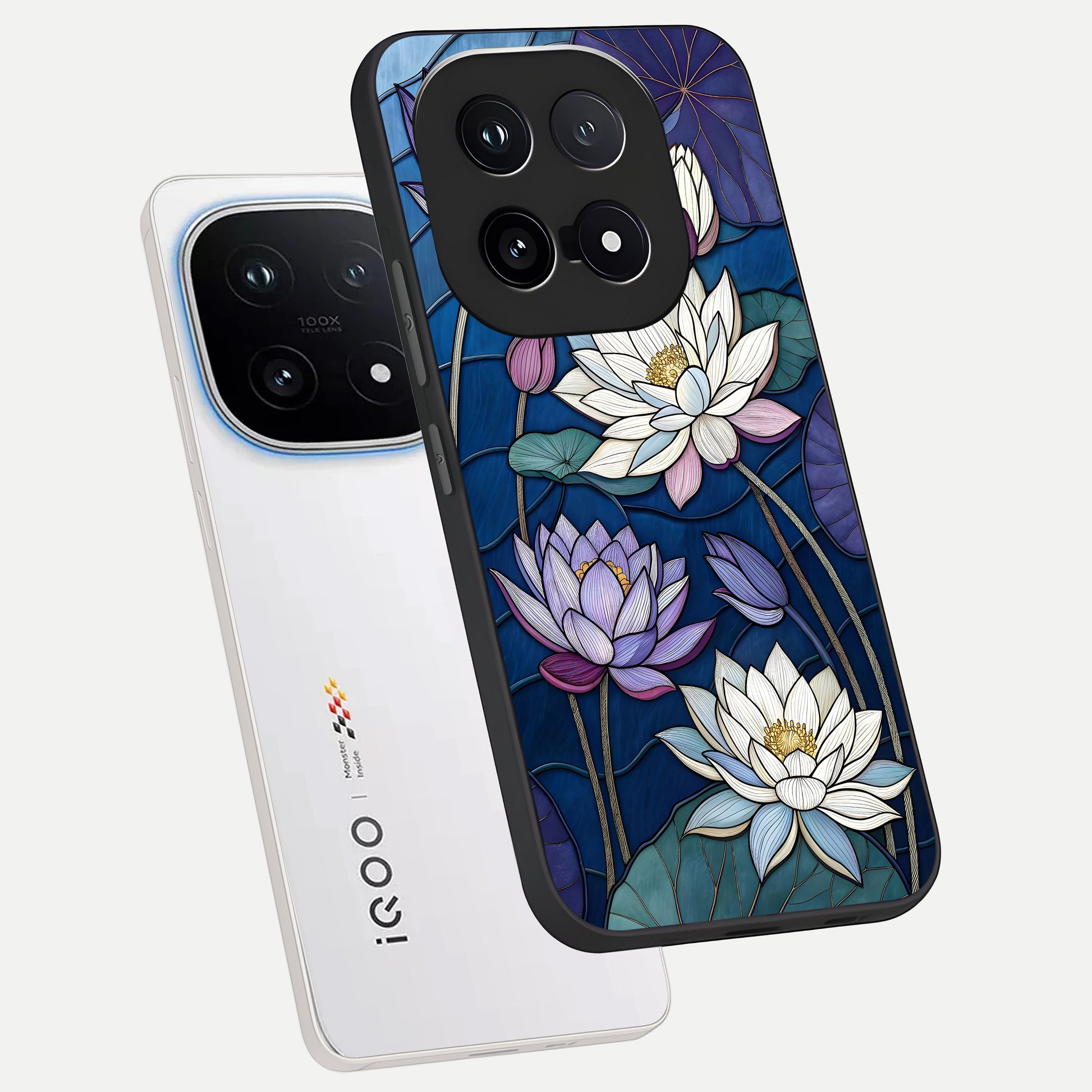  Purple Lotus Stained phone case for iQOO 15 showing premium glass back cover with detailed artwork