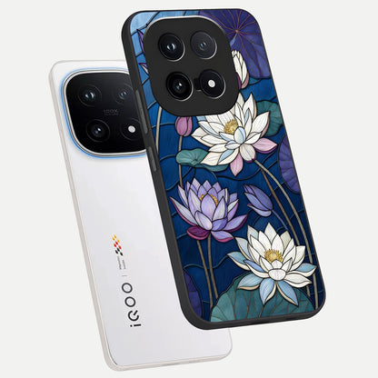  Purple Lotus Stained phone case for iQOO 15 showing premium glass back cover with detailed artwork