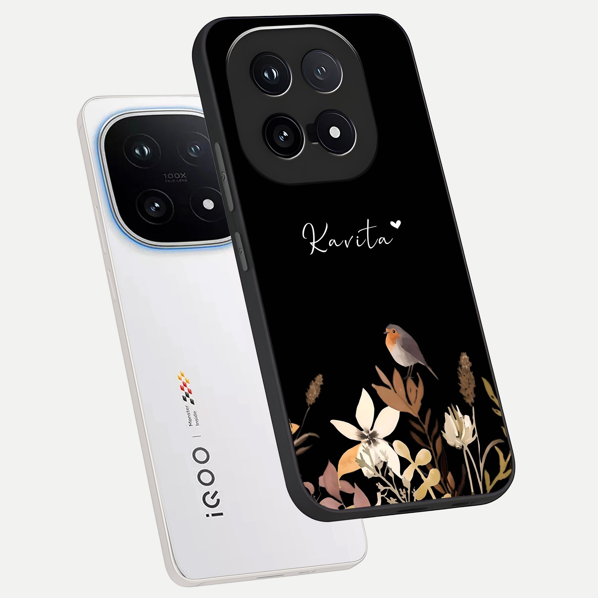  Quiet Garden Tune Custom Name phone case for iQOO 15 showing premium glass back cover with detailed artwork