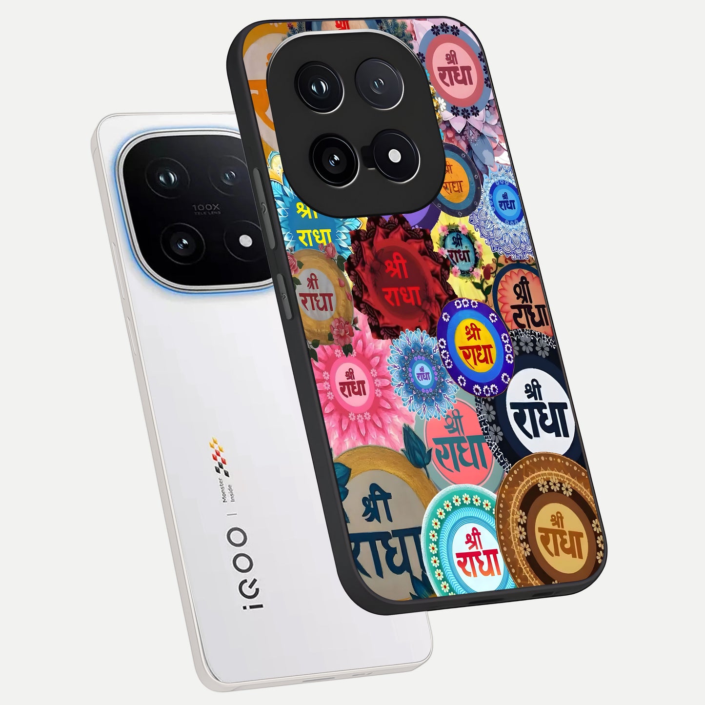  Radha Divine Bloom phone case for iQOO 15 showing premium glass back cover with detailed artwork