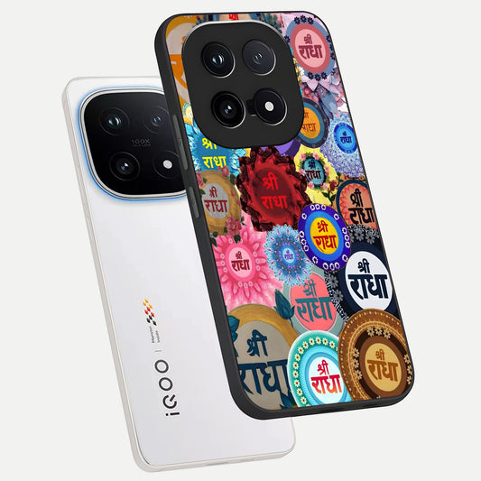  Radha Divine Bloom phone case for iQOO 15 showing premium glass back cover with detailed artwork