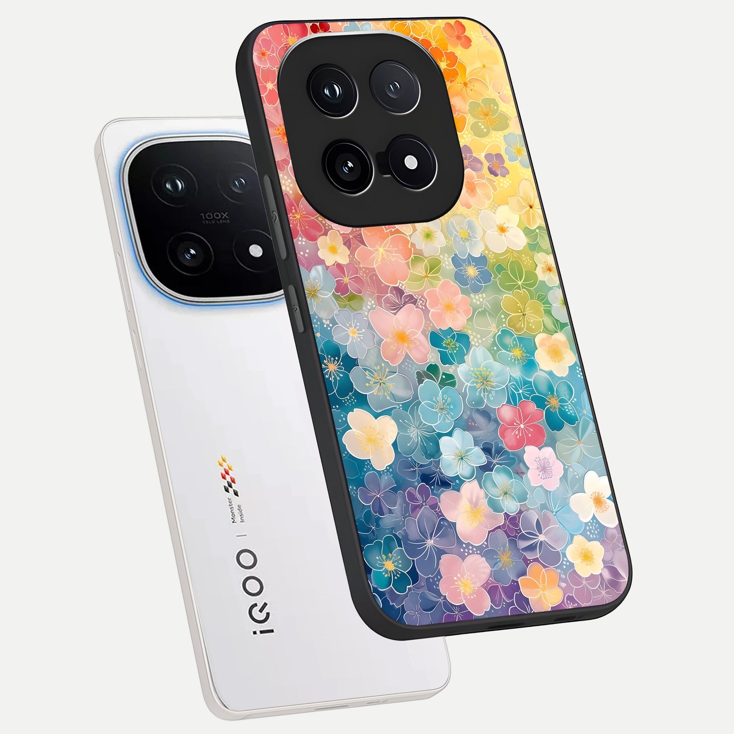  Rainbow Blossom Burst phone case for iQOO 15 showing premium glass back cover with detailed artwork