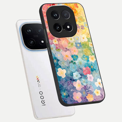  Rainbow Blossom Burst phone case for iQOO 15 showing premium glass back cover with detailed artwork