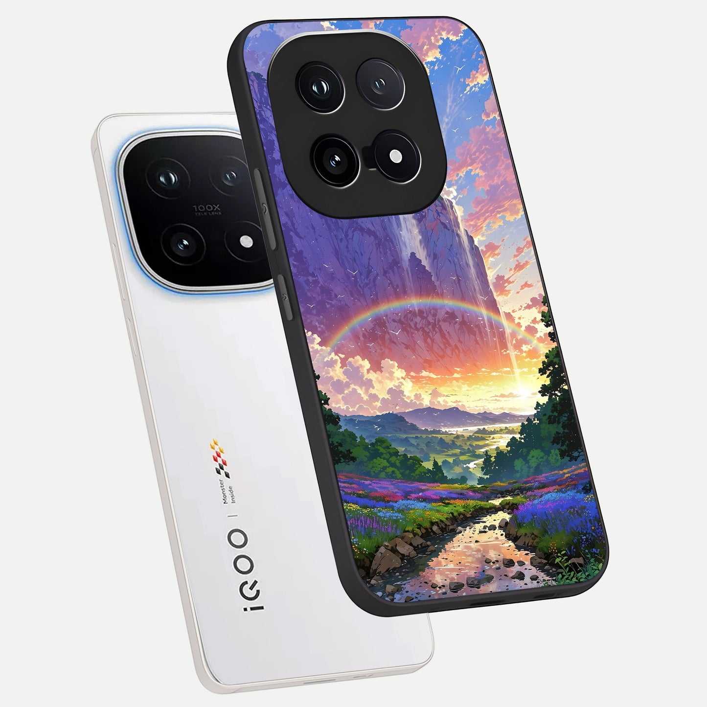  Rainbow Valley Dream phone case for iQOO 15 showing premium glass back cover with detailed artwork
