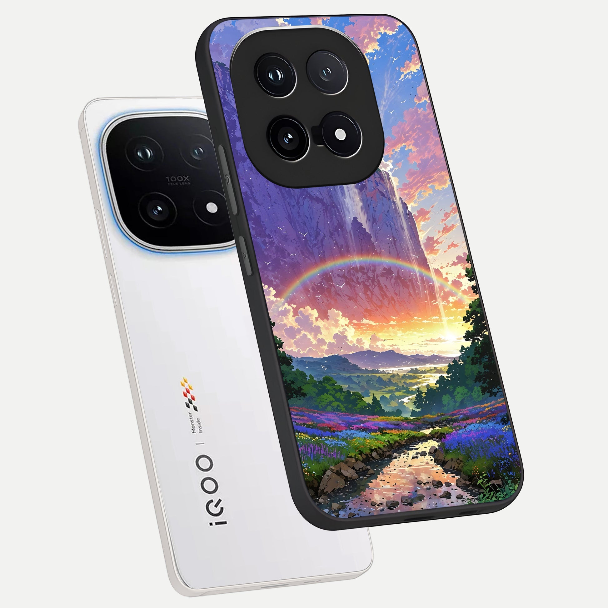  Rainbow Valley Dream phone case for iQOO 15 showing premium glass back cover with detailed artwork
