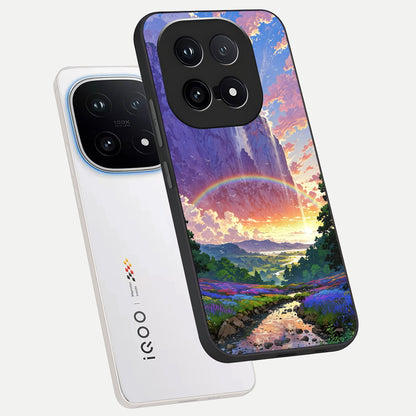 Rainbow Valley Dream phone case for iQOO 15 showing premium glass back cover with detailed artwork