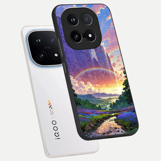  Rainbow Valley Dream phone case for iQOO 15 showing premium glass back cover with detailed artwork