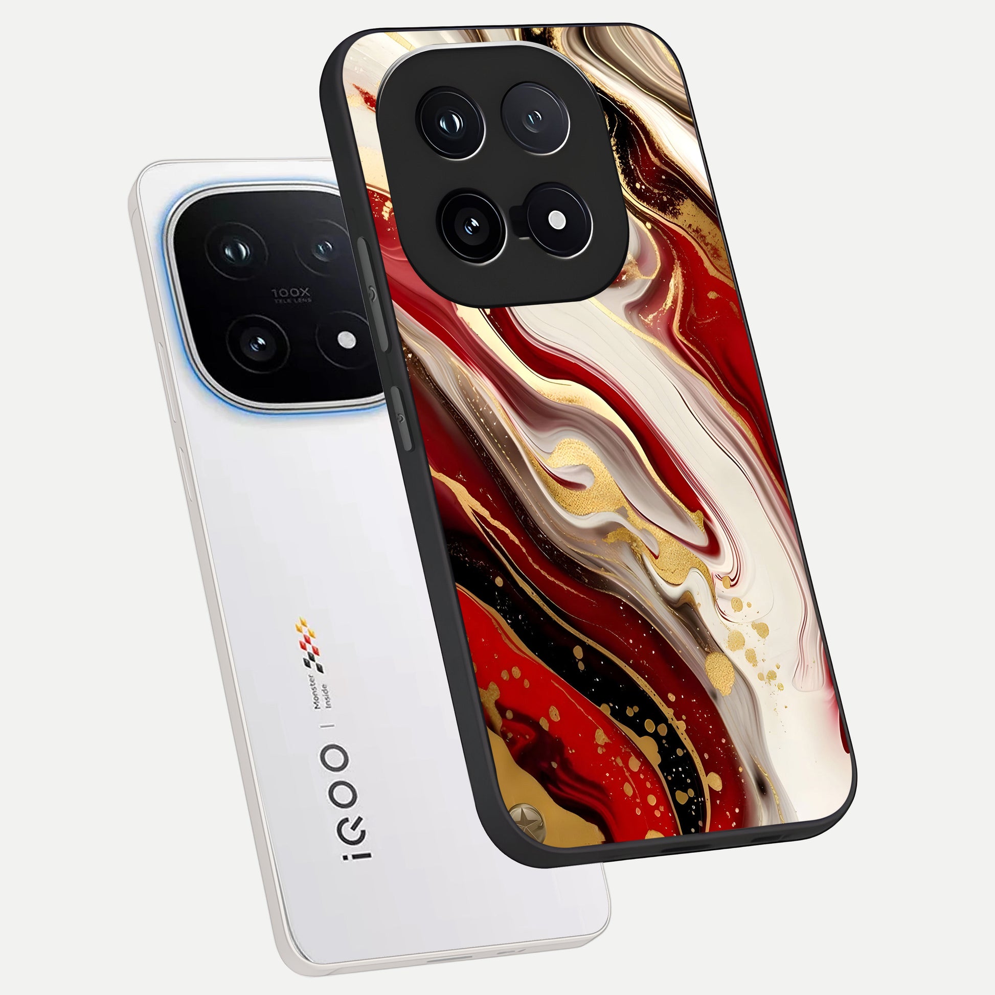  Red And White Marble phone case for iQOO 15 showing premium glass back cover with detailed artwork