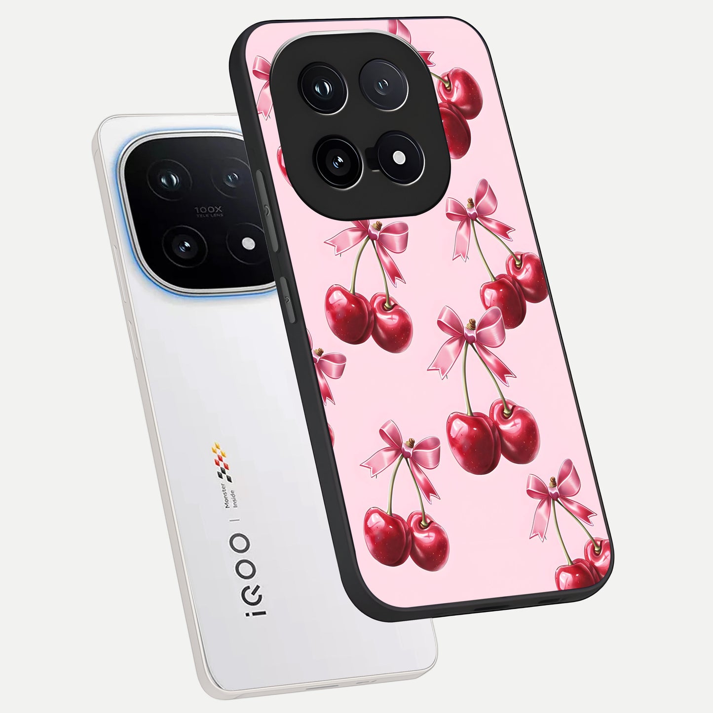  Red Cherries Pattern phone case for iQOO 15 showing premium glass back cover with detailed artwork