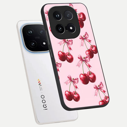  Red Cherries Pattern phone case for iQOO 15 showing premium glass back cover with detailed artwork