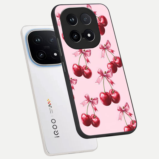  Red Cherries Pattern phone case for iQOO 15 showing premium glass back cover with detailed artwork