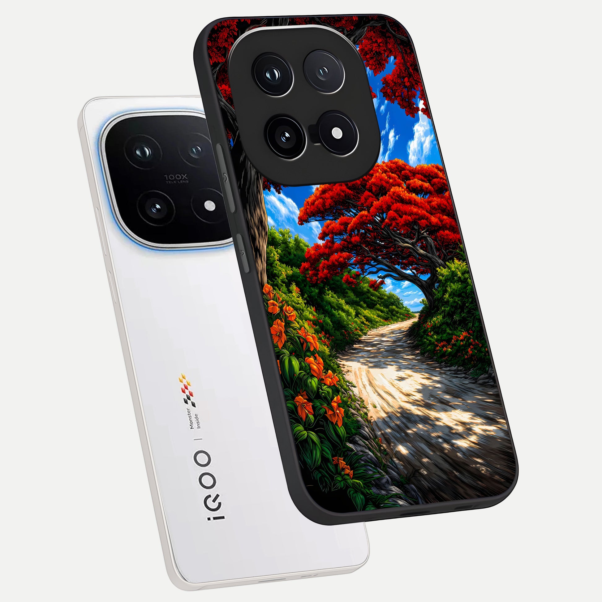 Red Trees Pathway phone case for iQOO 15 showing premium glass back cover with detailed artwork