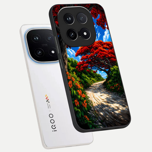  Red Trees Pathway phone case for iQOO 15 showing premium glass back cover with detailed artwork