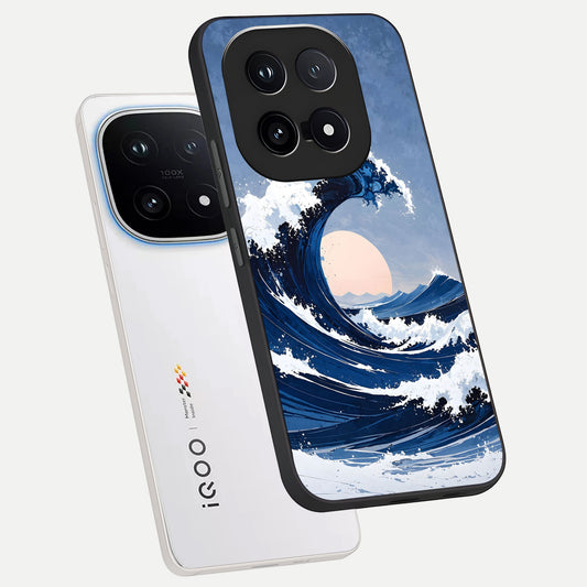  Rising Tide Power phone case for iQOO 15 showing premium glass back cover with detailed artwork