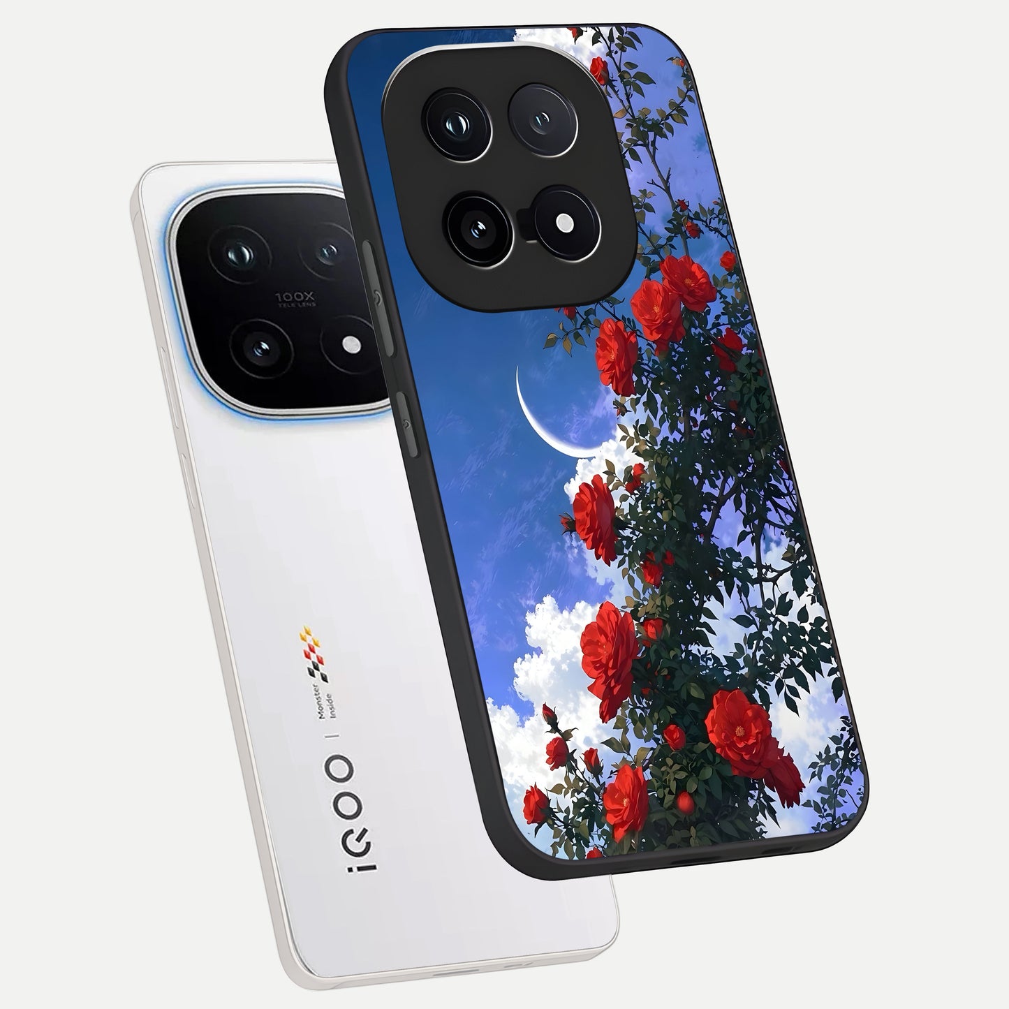  Rose Drift Flowers phone case for iQOO 15 showing premium glass back cover with detailed artwork