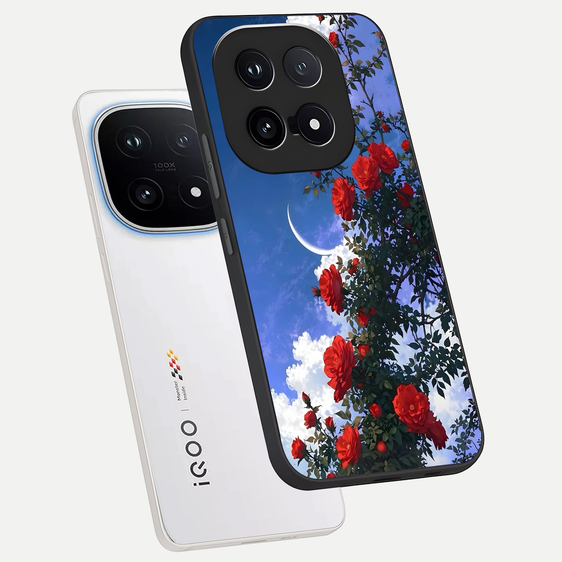  Rose Drift Flowers phone case for iQOO 15 showing premium glass back cover with detailed artwork