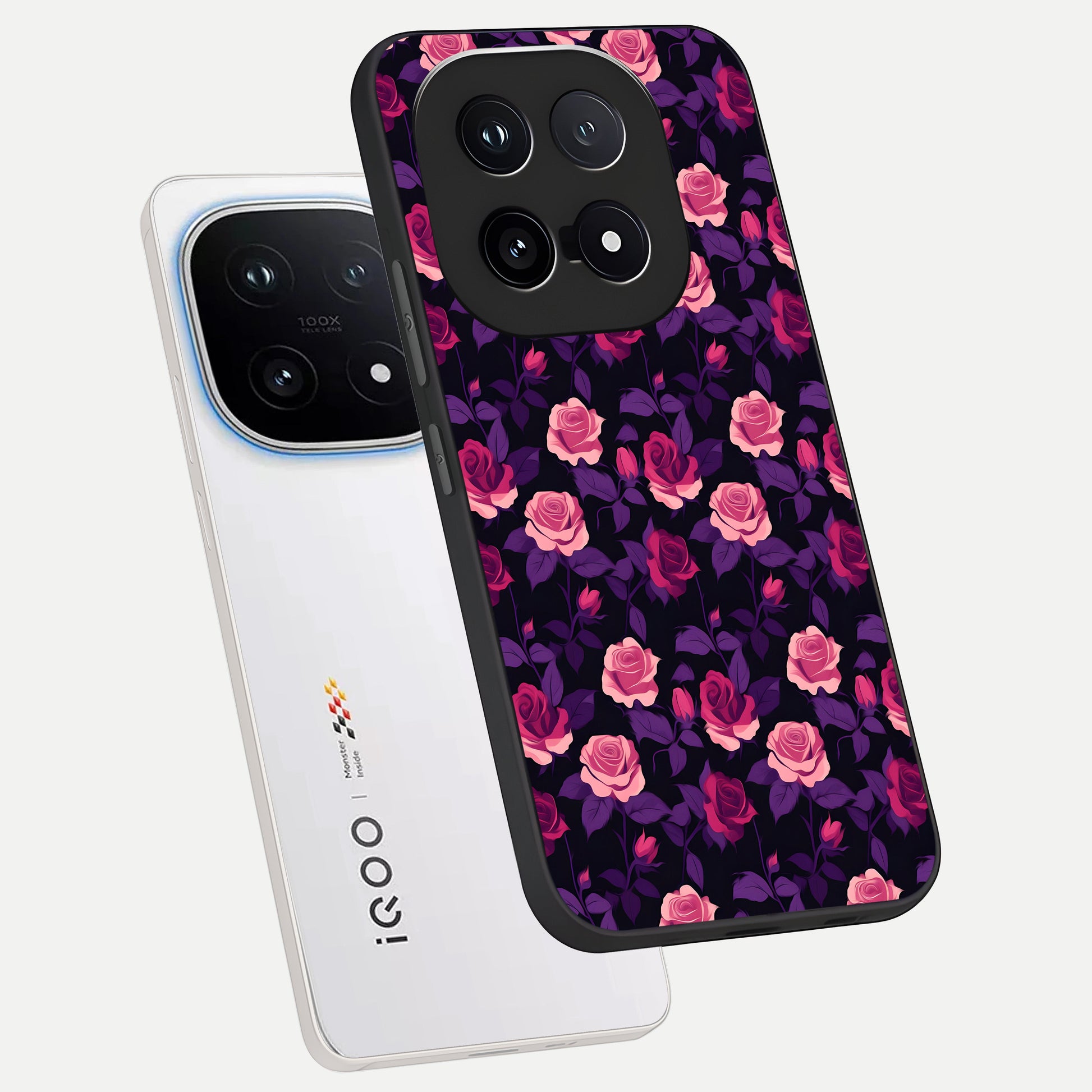  Rose Garden Twilight phone case for iQOO 15 showing premium glass back cover with detailed artwork