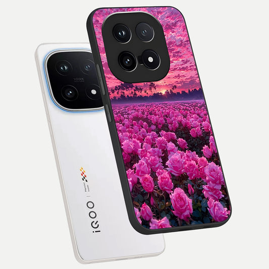  Rose Sunset Valley phone case for iQOO 15 showing premium glass back cover with detailed artwork